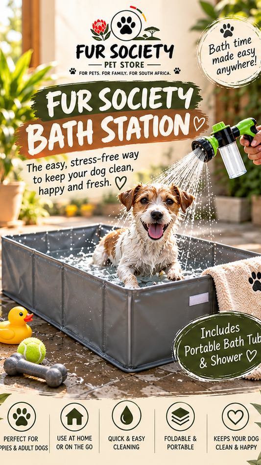 FurSociety Bath Station with dog in portable bath tub and shower sprayer