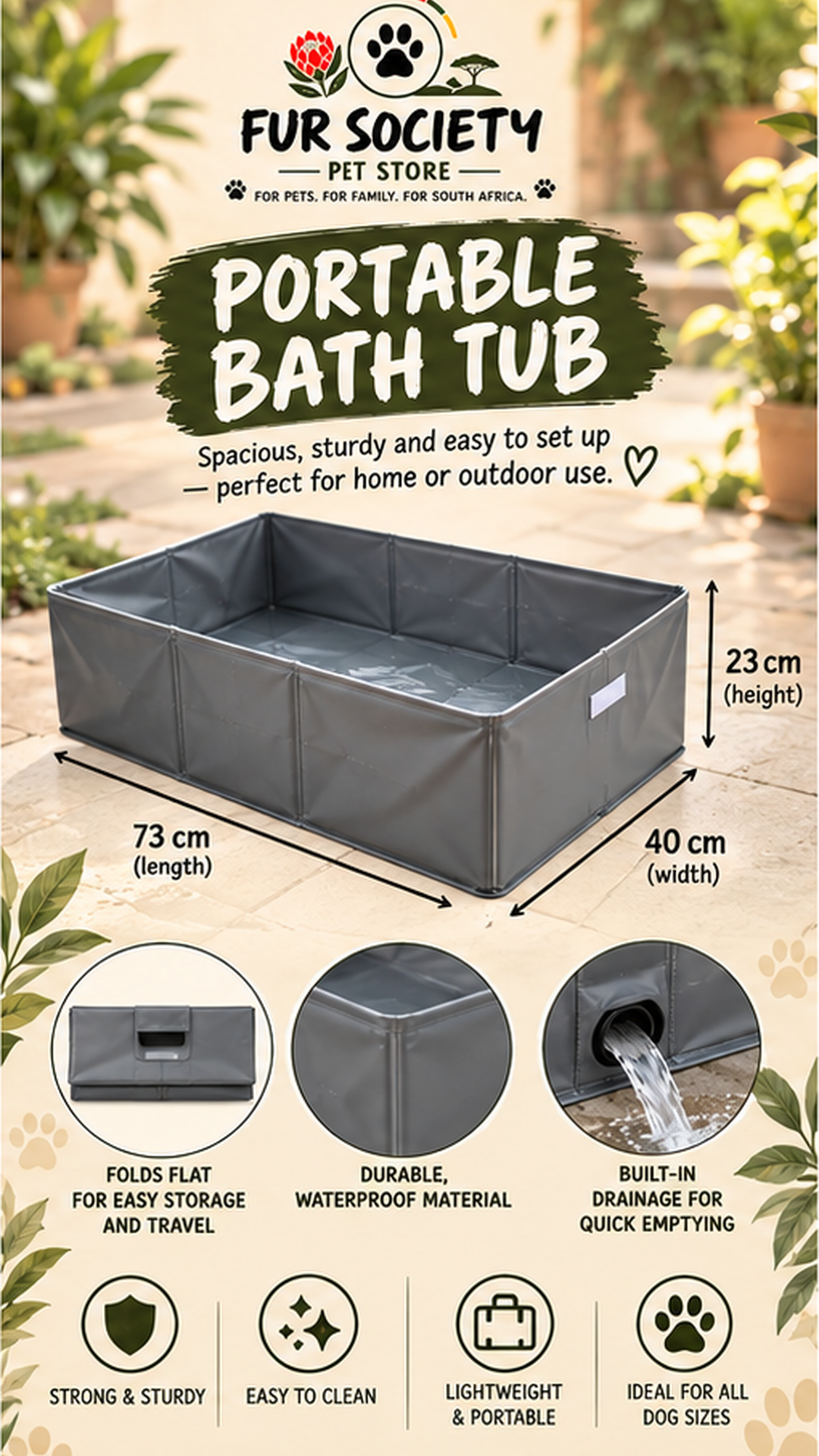 Portable dog bath tub dimensions 73 by 40 by 23 cm with built-in drain