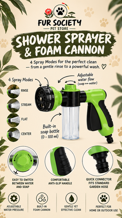 FurSociety shower sprayer and foam cannon with four spray modes