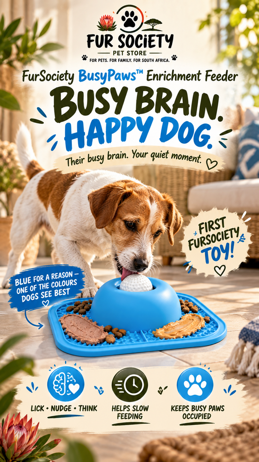 Dog licking the blue FurSociety BusyPaws enrichment feeder