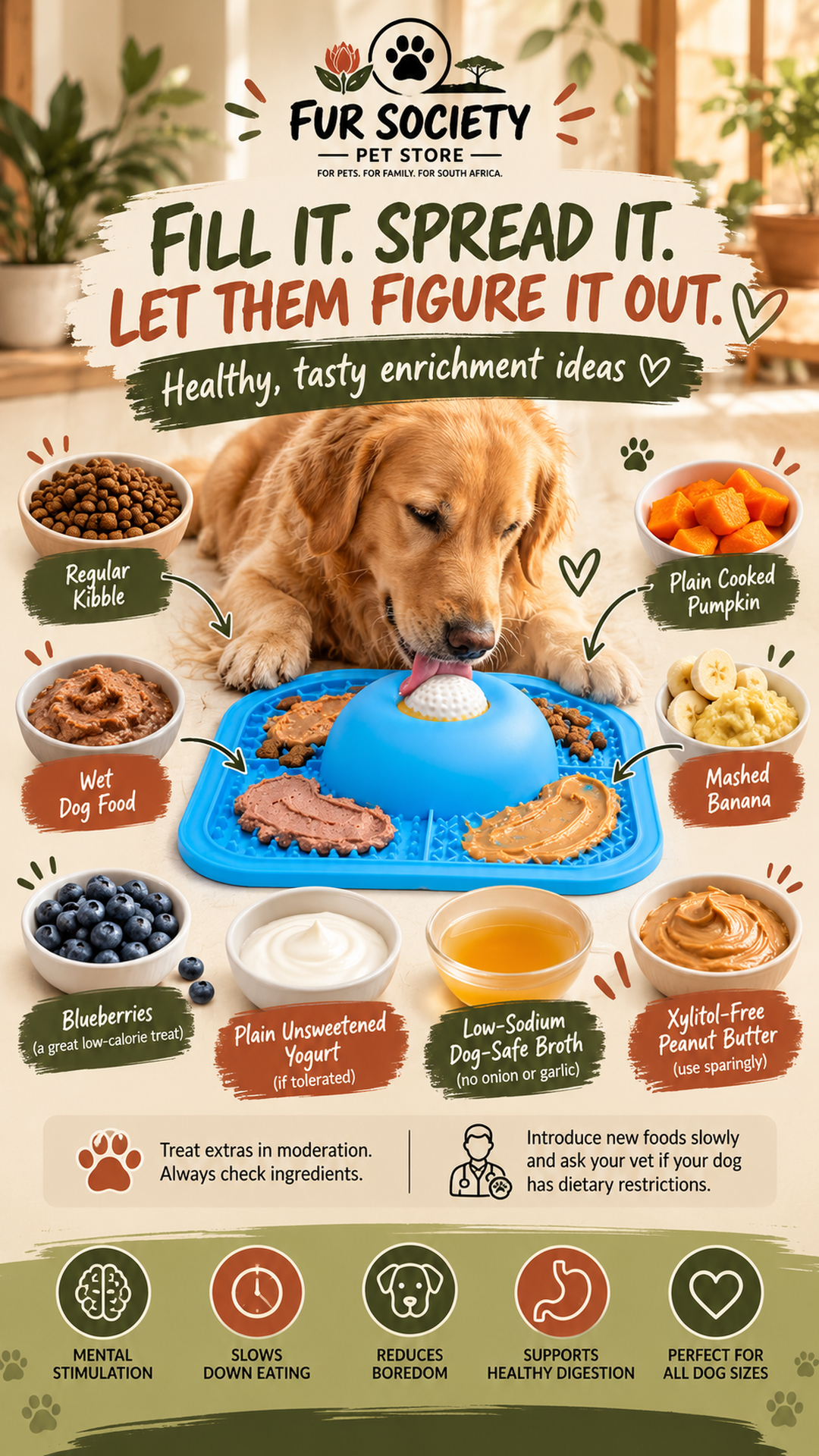 BusyPaws feeder with kibble, wet food and dog-safe topping ideas