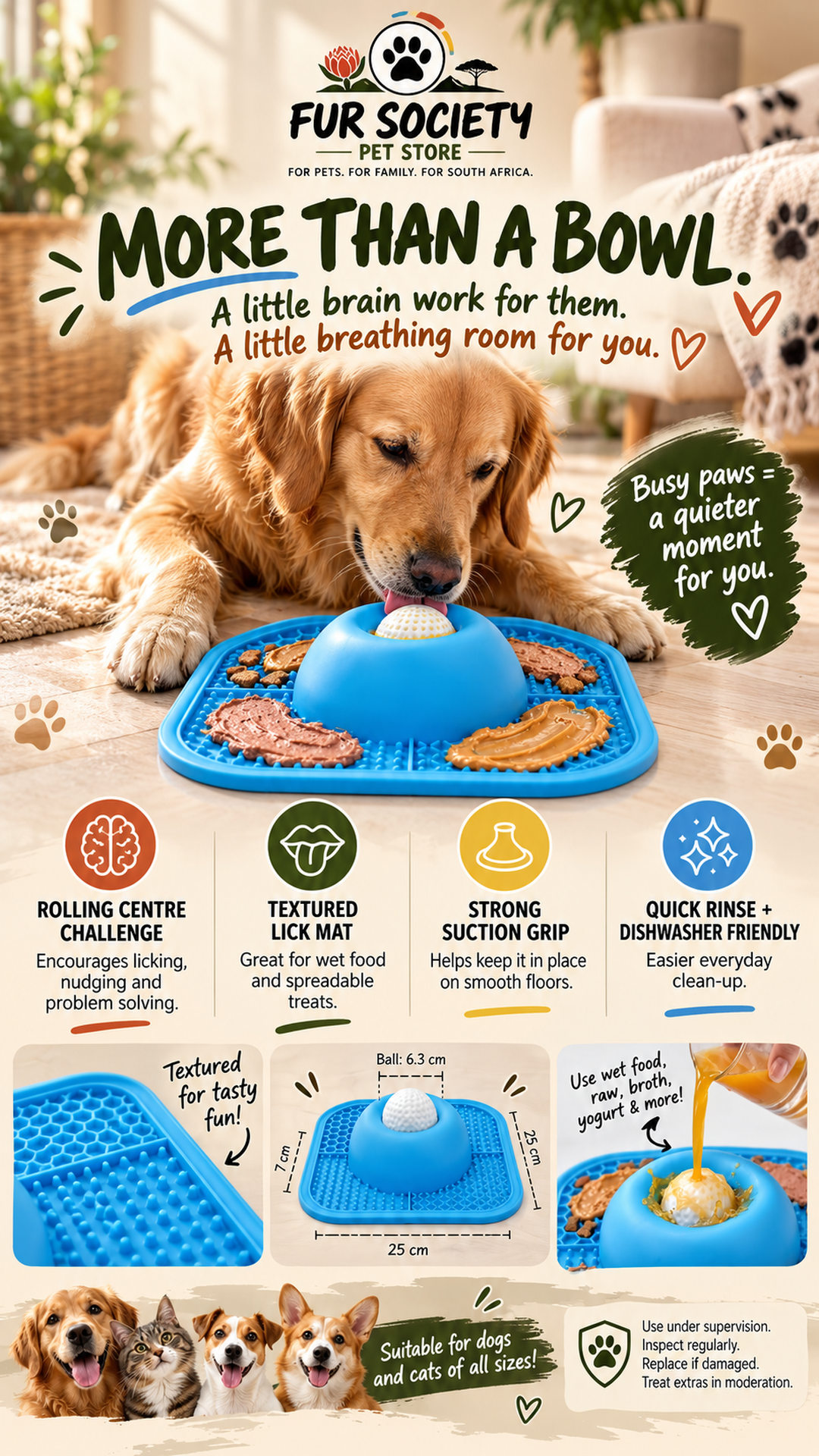 BusyPaws feeder features including lick mat, rolling centre and easy cleaning