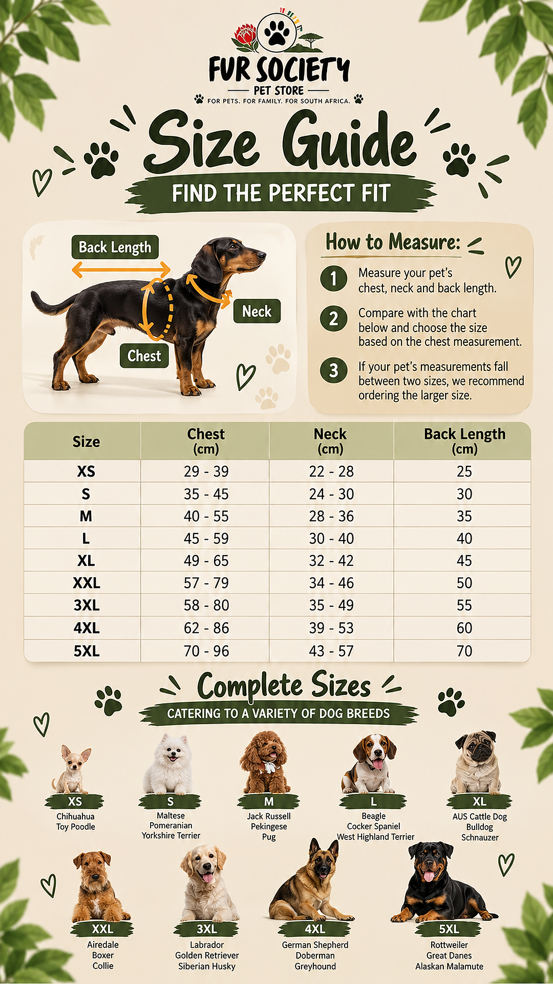 FurSociety Raincoat size chart for XS to 5XL