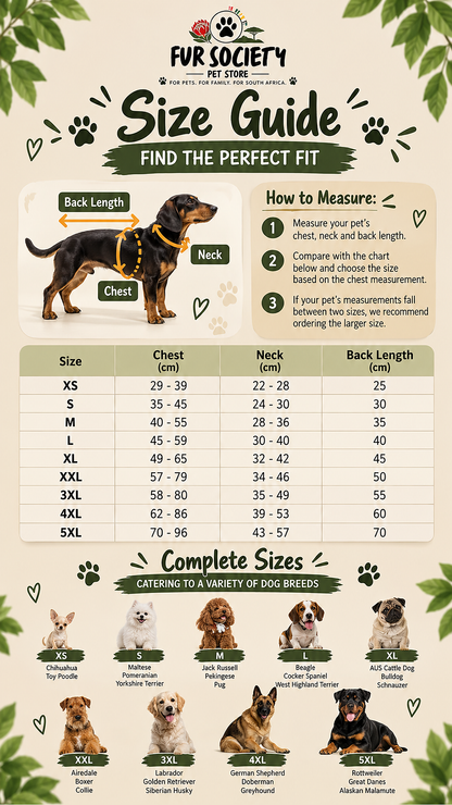 FurSociety Raincoat size chart for XS to 5XL