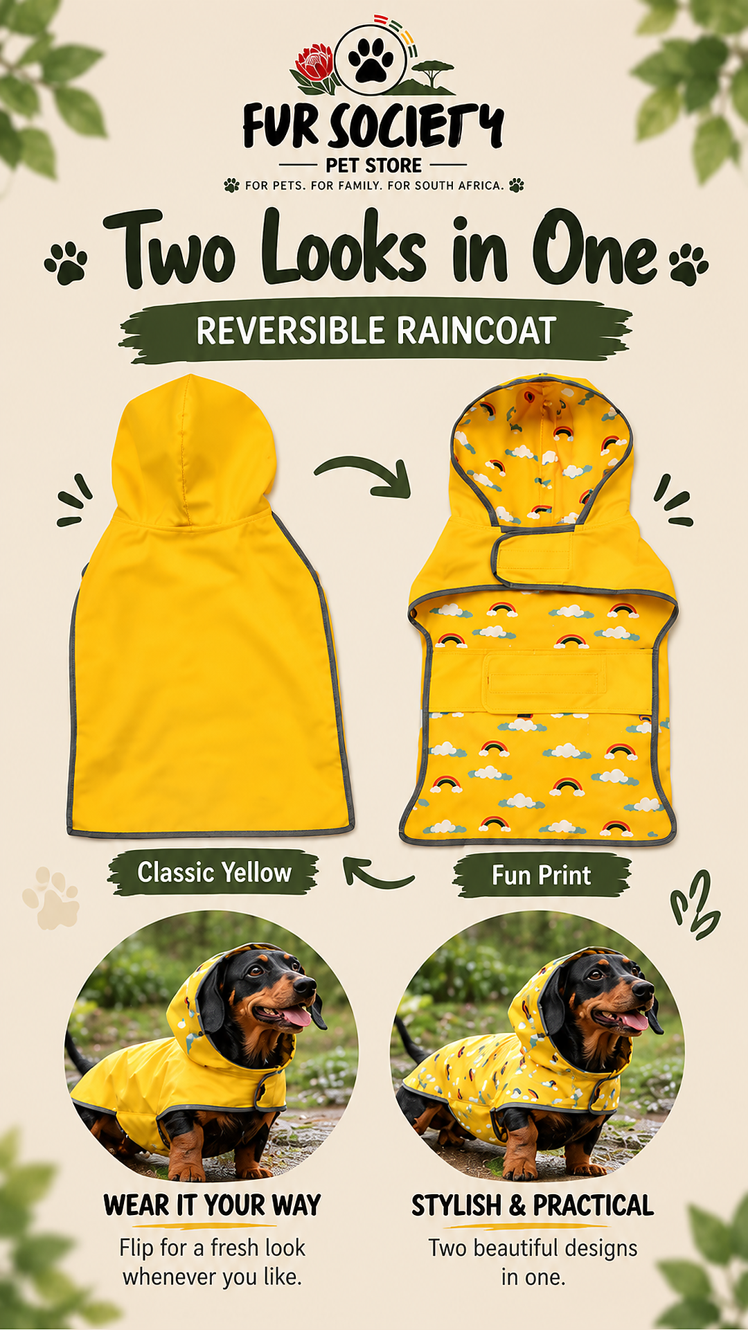 Reversible raincoat with classic yellow and rainbow-and-cloud print sides