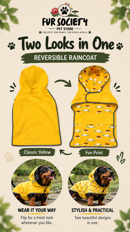 Reversible raincoat with classic yellow and rainbow-and-cloud print sides
