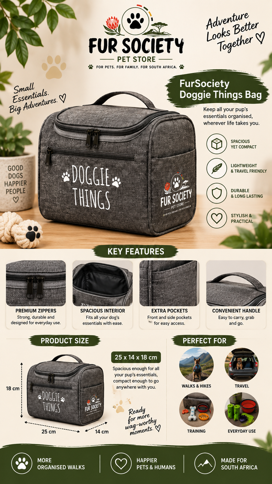 FurSociety Doggie Things Bag features and size