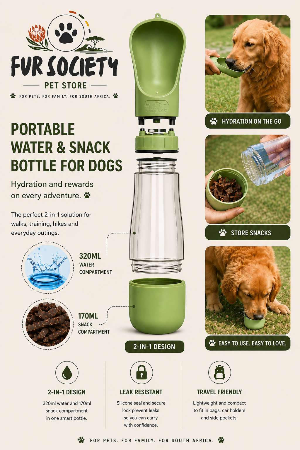 FurSociety Portable Water & Snack Bottle 320ml + 170ml